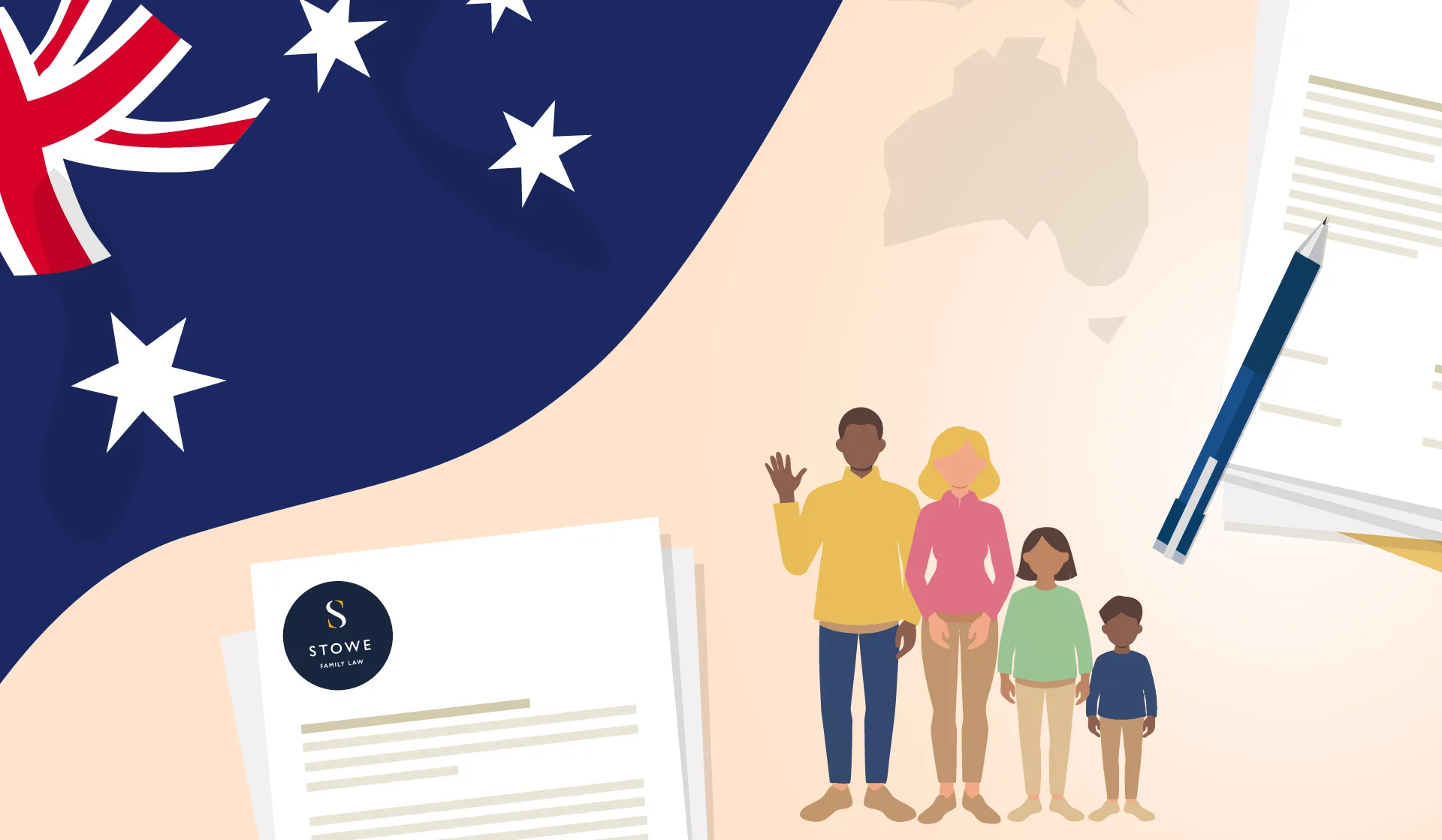 Illustration of the Australian flag, a gavel and legal documents