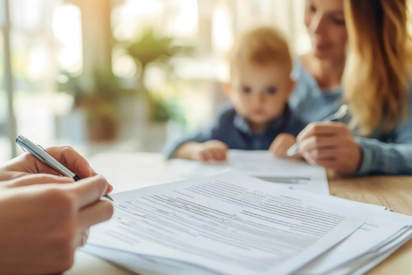 A parent signing family law documents at a table while holding their young child