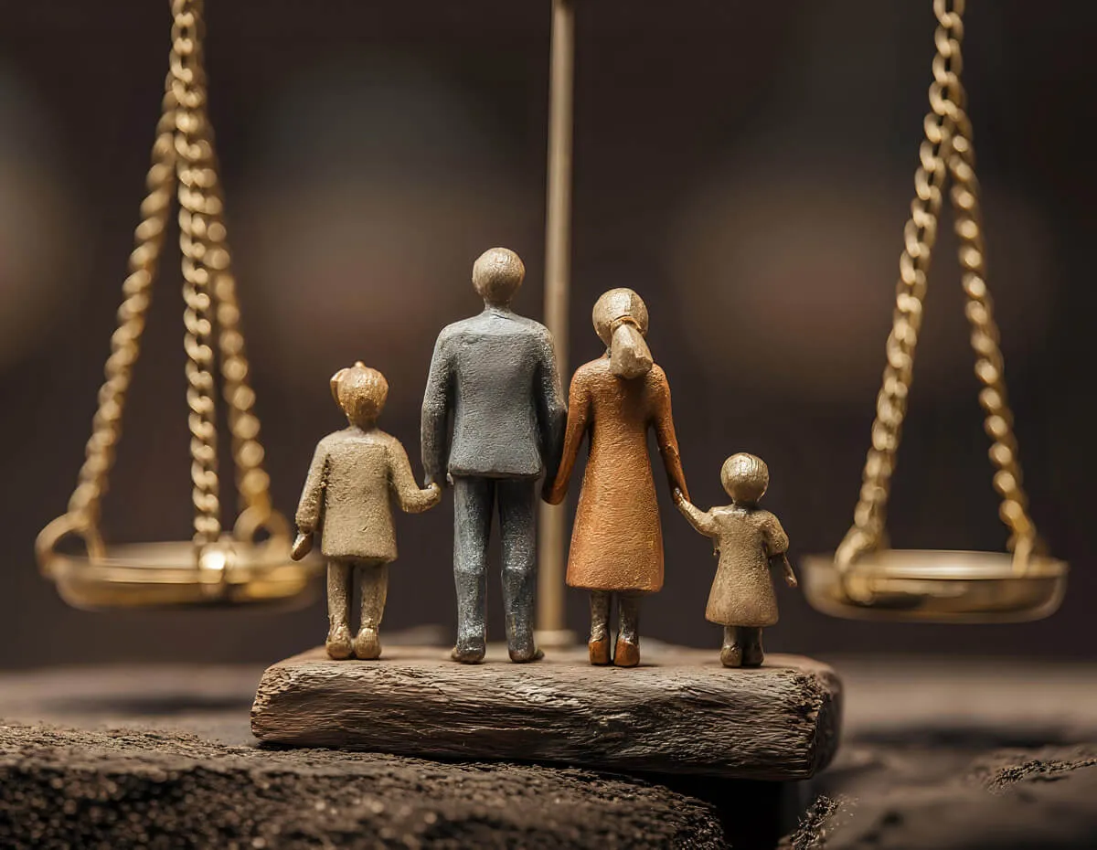 Carved figures of a family of four holding hands beneath the scales of justice