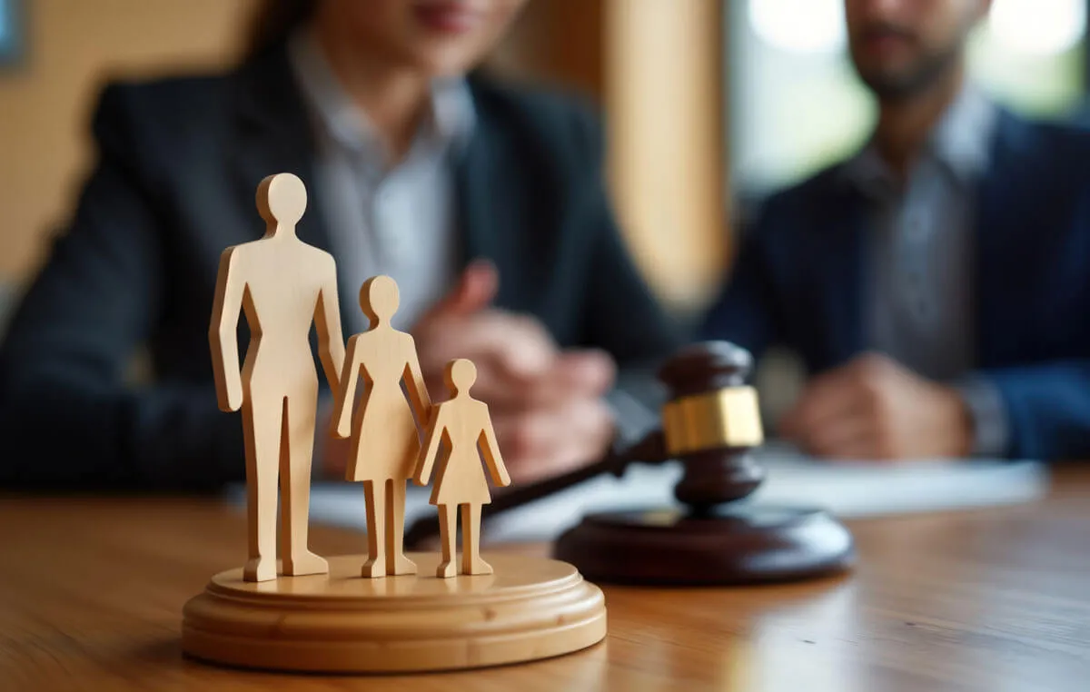 Wooden figures of a family on a desk beside a gavel, with a lawyer and client meeting in the background