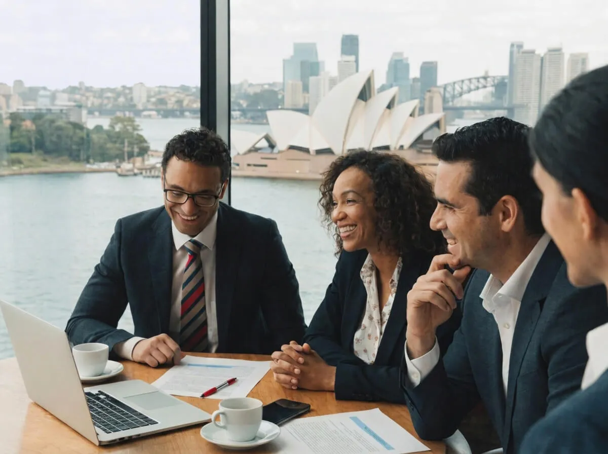 A diverse team of smiling Stowe Family Law lawyers around a table, with Sydney Harbour Bridge and the Opera House visible through the office windows